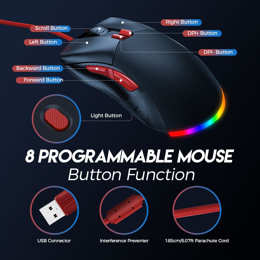 EKSA – souris de jeu EM500 RGB, 12400 DPI, 1000Hz, légère, filaire, USB, 8 boutons programmables, pour ordinateur PC et portable