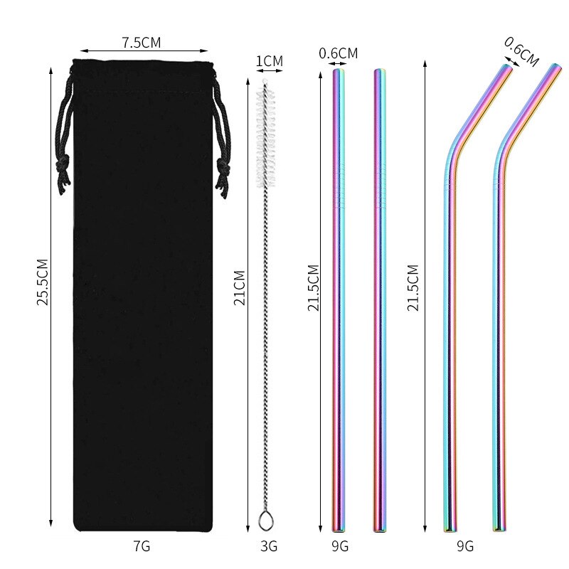 Food Grade Eco-Friendly 304 Stainless Steel Metal Straw Set with Cleaning Brush Convenient Party Milk Tea Drink Straw Reusable