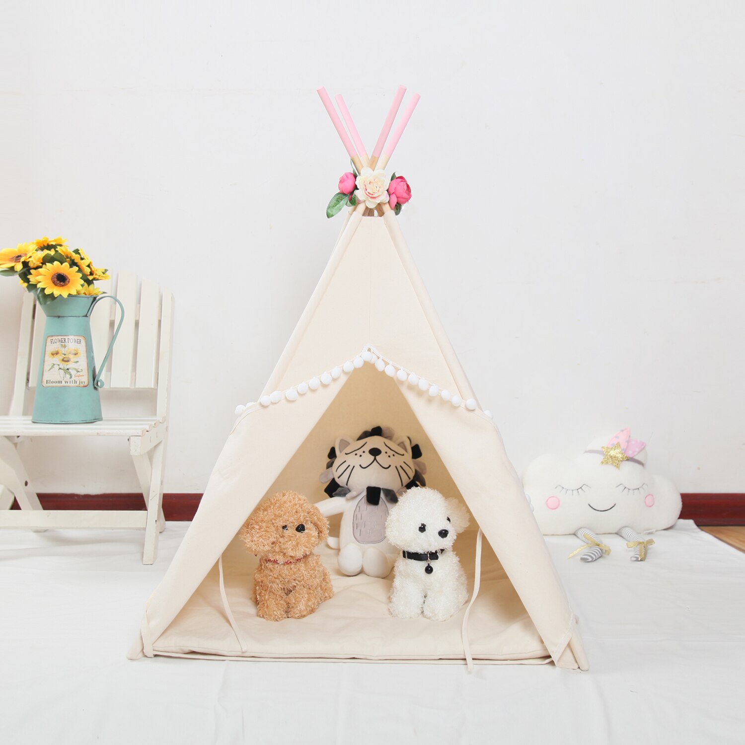 Natural Canvas PomPoms Hedgehog Teepee Guinea Pig Bed, Small Pet Teepee,Pet Tipi