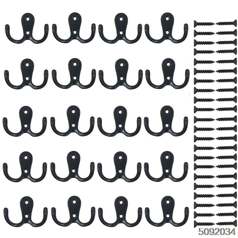 20 stykker væg frakkekroge dobbeltbenet kappekrog rustikke kroge retro stofbøjler monteret krog med 44 styks skruer (sort): Default Title