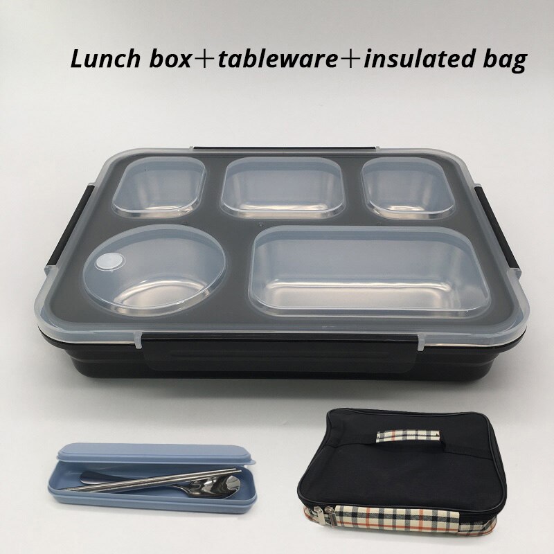 Rvs Lunchbox Voor Kid Verwarmd Lunchbox Keuken Accessoires Bento Box Maaltijd Prep Voedsel Container Opslag: Black 5 grip package