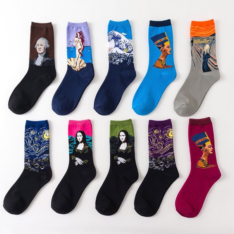 Klasyczne Retro abstrakcyjne malarstwo olejne skarpetki damskie nowoczesne Van Gogh gwiaździstej nocy obraz olejny szczęśliwe skarpetki prezent na boże narodzenie