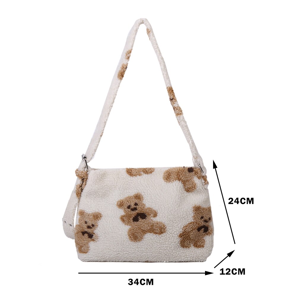 Winter Warm Lamb Fleece Shoulder Bags For Women Cute Cartoon Bear Printed Handbag Female Large Capacity Tote Bags bolsos