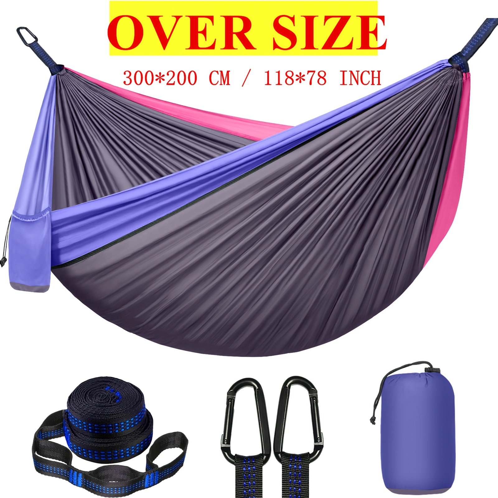 Hamac de camping double extra large, 3 m x 2 m (300 x 200 cm), comprend deux sangles d'arbre de 2 m, deux crochets en acier inoxydable en forme de D: vert militaire