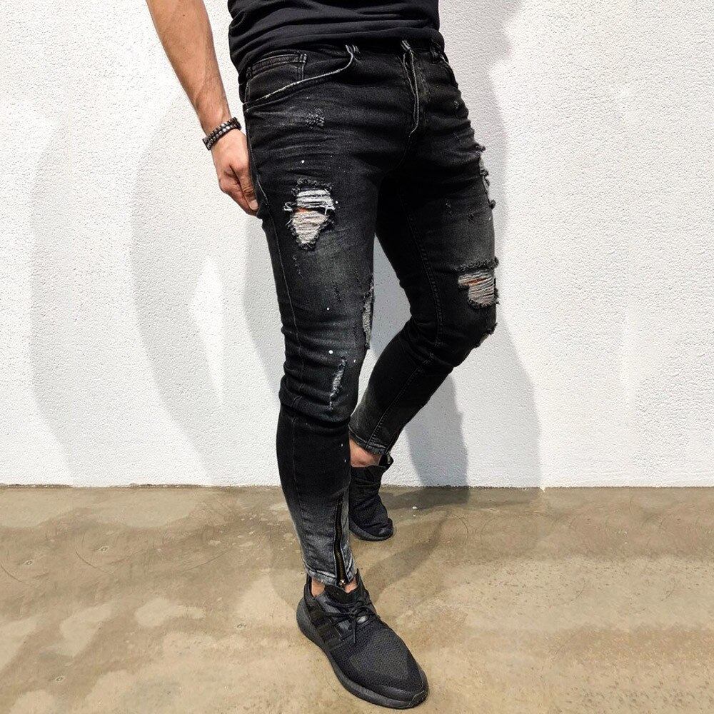 Men's Skinny Slim Fit Straight Ripped Distressed Pleated Knee Patch Denim Pants Stretch Jeans Slim Elastic Denim Pants#g2