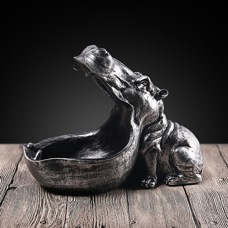 Hippo Hars Standbeeld Decoratie Nijlpaard Artware Standbeeld Sleutel Telefoon Snack Ornamenten Opbergdoos Home Decor Art: Vintage Silver