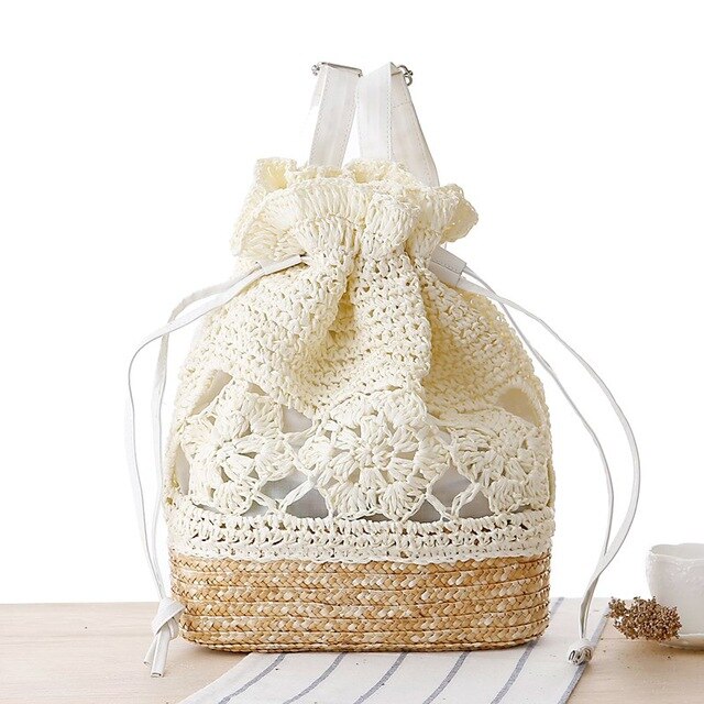 Bolso de paja de ganchillo para mujer, mochila de punto de vides para playa, bolsas con cordón, mochila de viaje, Bohemia: Blanco
