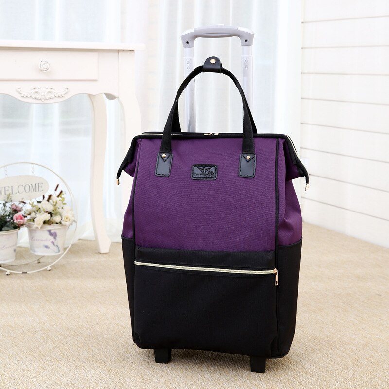 Women Large Capacity Travel Shoulder Tote Bag Spinner Multifunction Rolling Luggage Soft Oxford Lightweight Trolley Bag XA588F: Purple