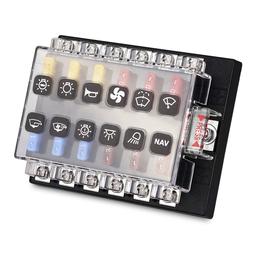 Caja de fusibles de 12 vías para barco marino, 12V 24V, Base de fusible, soporte de bloque, tuerca de tornillo, Terminal, fusibles gratis, indicador LED, cubierta impermeable