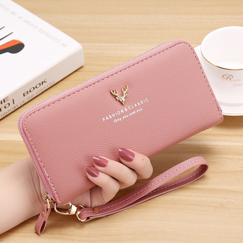 Womens Clutch Wallets PU Leather Purses Female Wristband Leaf Print Long Women Purse Large Capacity Bag Women Wallet: C079-25 deep pink