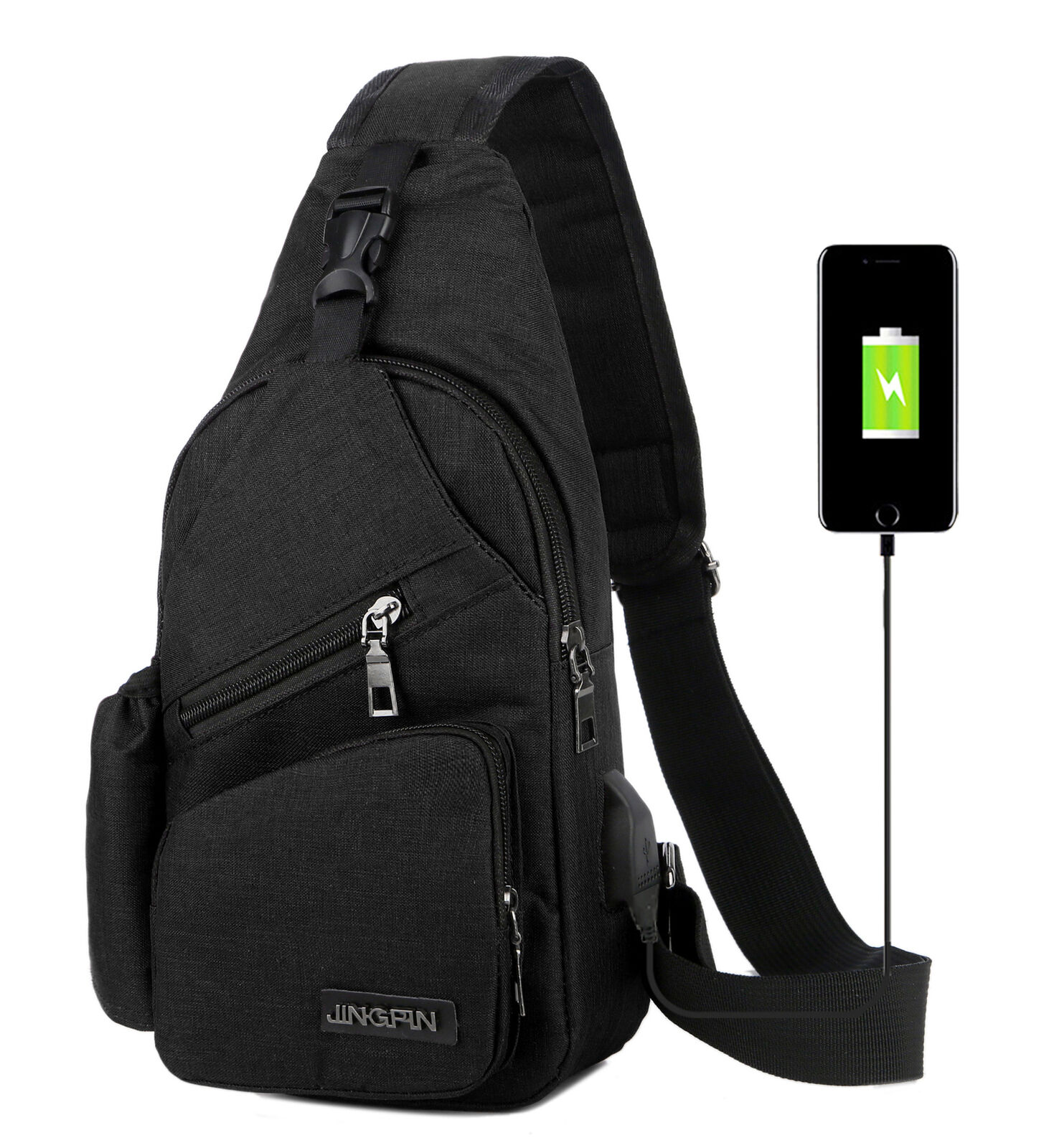 Newest Men Canvas Sling Bag Chest Crossbody Messenger Shoulder Travel Sports USB Charging Waist Packs: Black