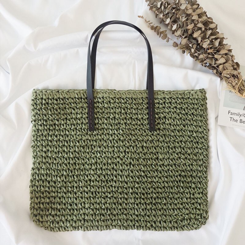 Bolsa de paja para playa para mujer, Vogue, viaje, vacaciones, vacaciones, ocio, tejida a mano, bolso de compras de gran capacidad, bolsos de hombro para mujer: BD853green