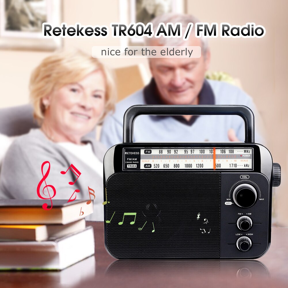 Retekess sono/FM Radio per gli Anziani Radio A dovuto Bande Portatile Radio Maniglia Batteria e AC alimentato Nero # xj30