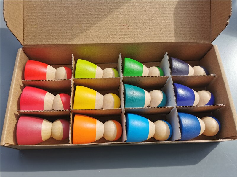 6/12 stücke Häkeln Holz Regenbogen Puppen in Beanies für Pastell Stapelbar Blöcke Holz Natürliche Puppe in Stricken Hut montessori Spielzeug: rainbow doll