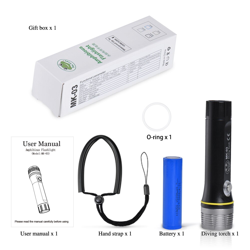 Super bright Diving Flashlight IP68 highest waterproof rating diving light Powered by 18650 battery With hand rope: Light With Battery