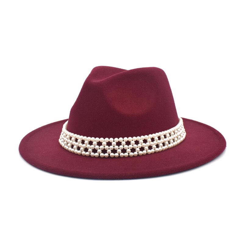 FUODRAO Women Wide Brim Wool Felt Fedora Panama Hat Jazz Trilby Hat Party Cowboy Hat Women Red F86: wine red