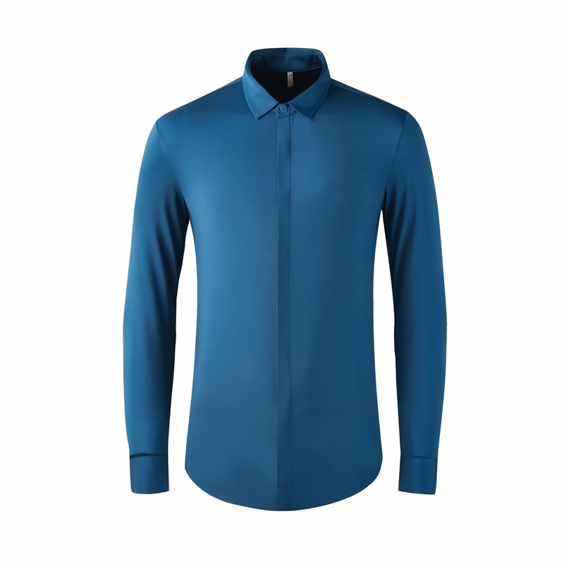 Merkki nylon paita miesten alas kaulus pitkähihainen ohut chemise homme yksivärinen bisnes miesten mekkopaidat plus koko: Sininen / Xl
