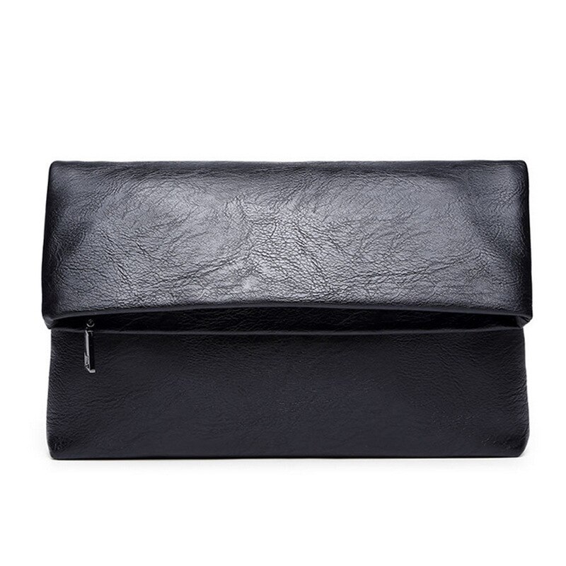 Bolso de mano de cuero negro para hombre, cartera de negocios, sencillo, de gran capacidad, plegable: Black Large