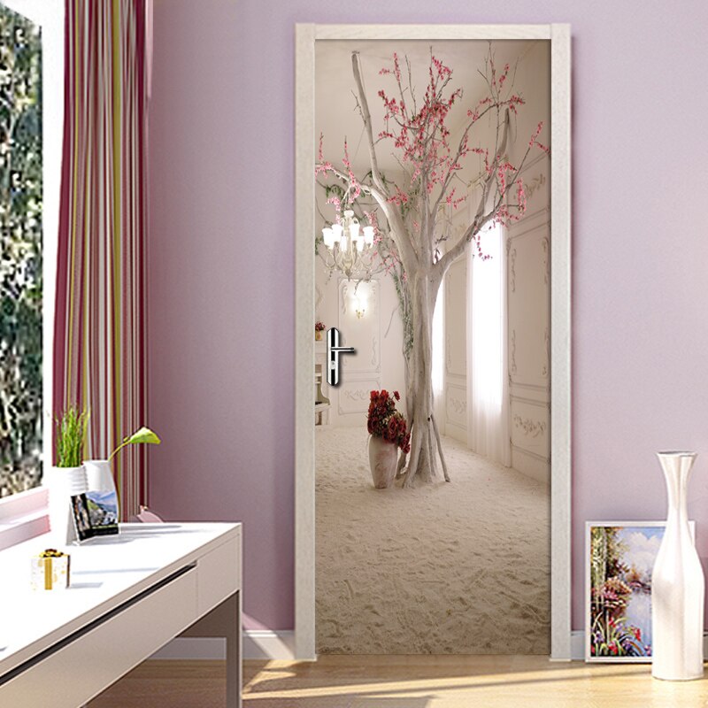 Door Sticker Mural 3D Space Tree PVC Self Adhesive Waterproof Vinyl Wallpaper For Living Room Bedroom Door Decoration