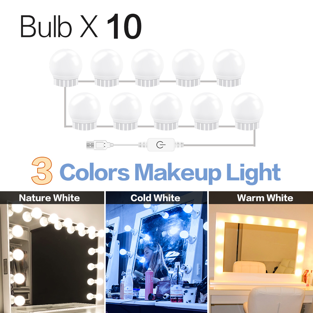 3 Modes Kleuren Make-Up Spiegel Licht Led Touch Dimmen Ijdelheid Kaptafel Lamp Usb Hollywood Make Up Spiegel wandlamp: 3 Colors 10 Bulbs