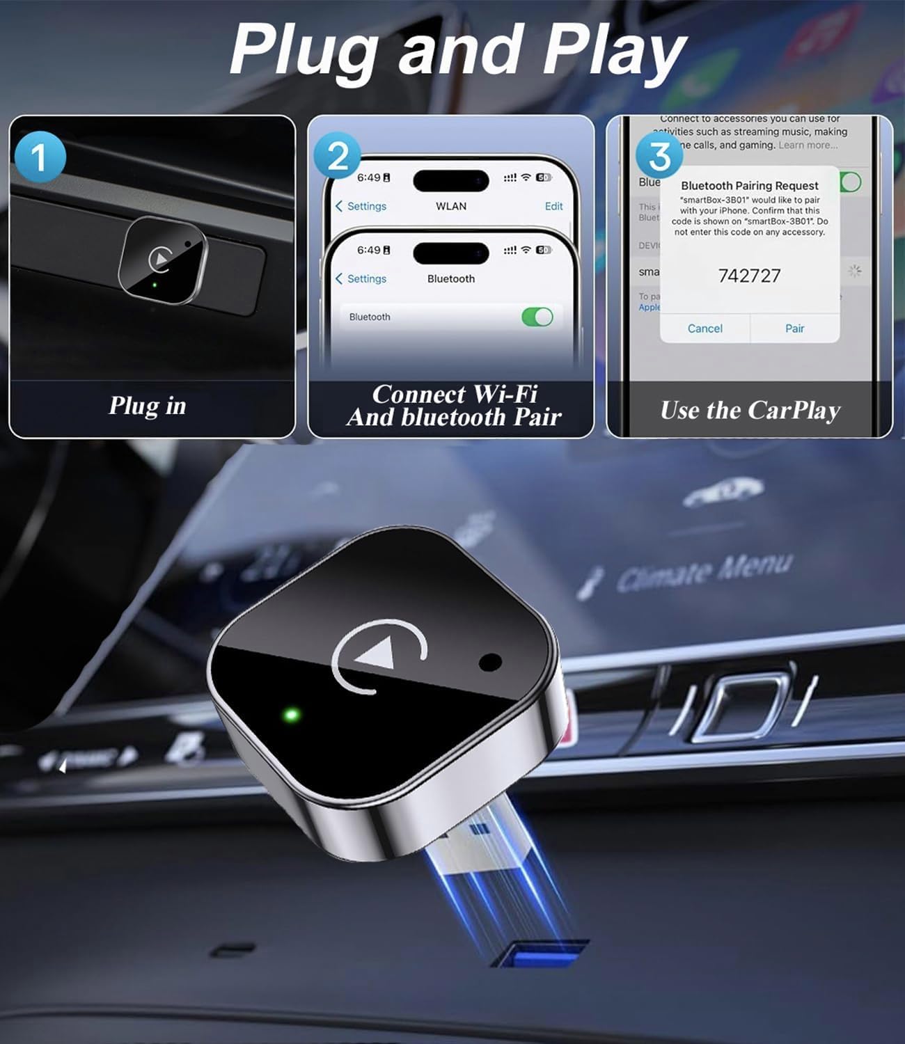 Draadloze carplay-adapter voor apple iphone & android (upgrade), plug-and-play, snelle en stabiele verbinding met carplay & android.