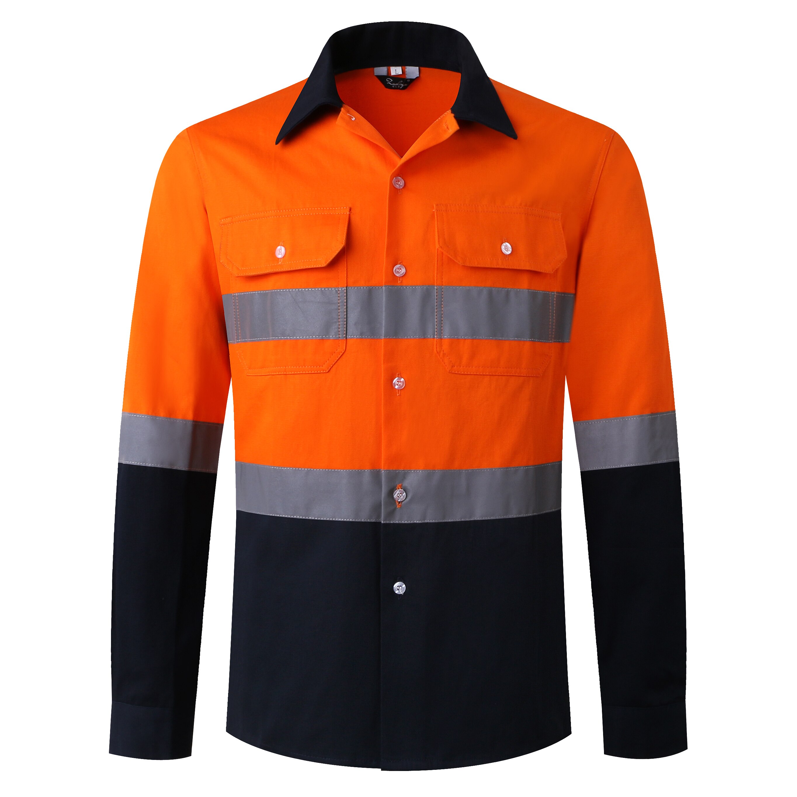 Mens Werk Shirt Lange Mouwen Veiligheid Werk Shirt Reflecterende Werkkleding 100% Katoen Oranje Navy Veiligheid Shirts Met Reflecterende Streep
