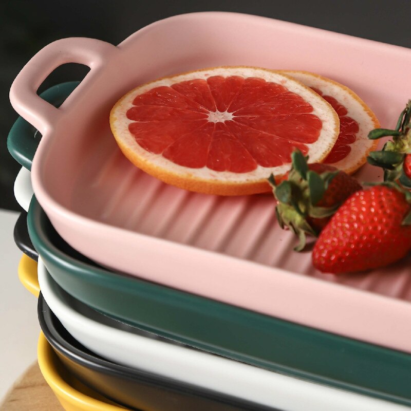 Rectangular Nordic Ceramic Plate Dual Handle Chicken Wings Barbecue Baking Plate Baking Tableware Heat Resistant Tableware Plate