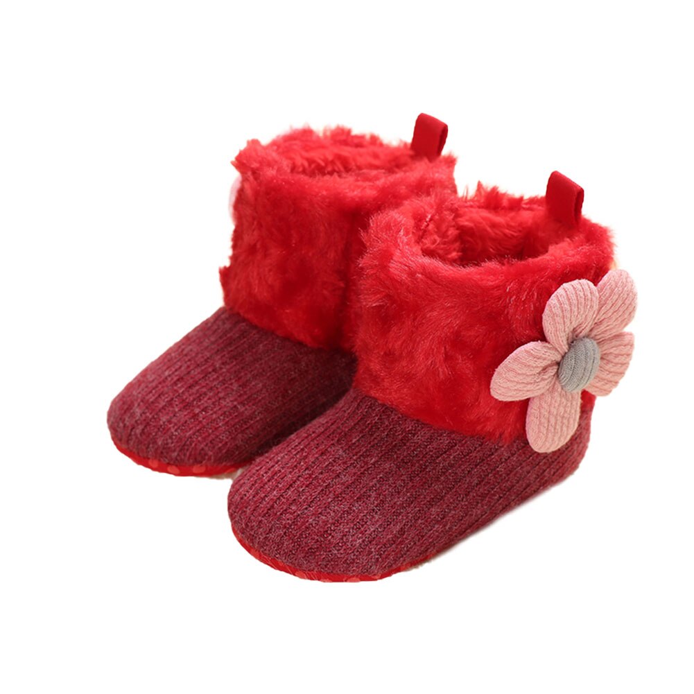 Baby Meisjes Snowboots Zachte Faux Fur Knit Bloem Booties Anti-Slip Baby Prewalkers 0-18M: Rood / 0-6 months