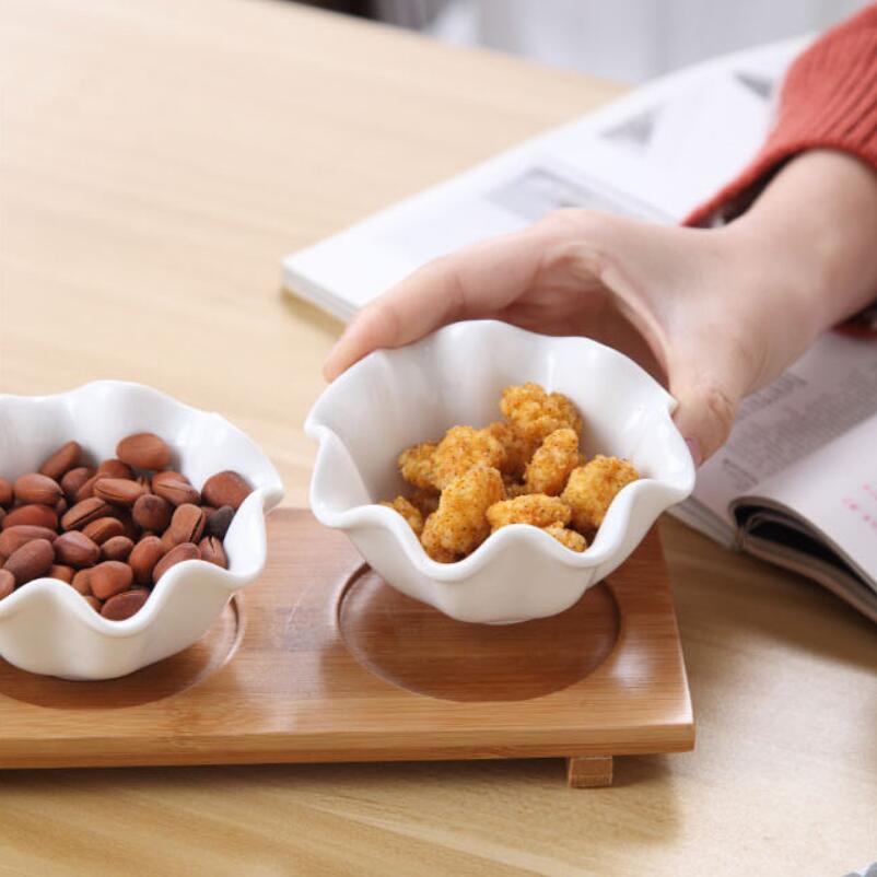 3 unids/set plato de salsa de cerámica, cojín de bambú, plato de inmersión para el hogar, sal de soja, azúcar, salsa, organizador de condimentos, tarros de especias