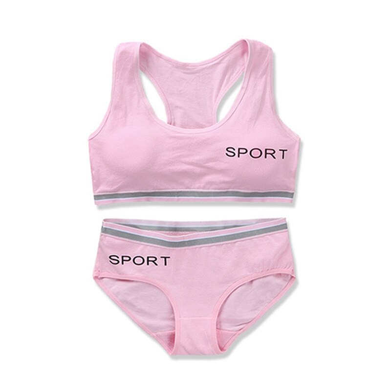 Wireless Girls Bras Panties Sets Cotton Underwear Sets Teenage Sports Training Bra 8-14Y Puberty Student Camisole Vest Panties: Pink Underwear Set