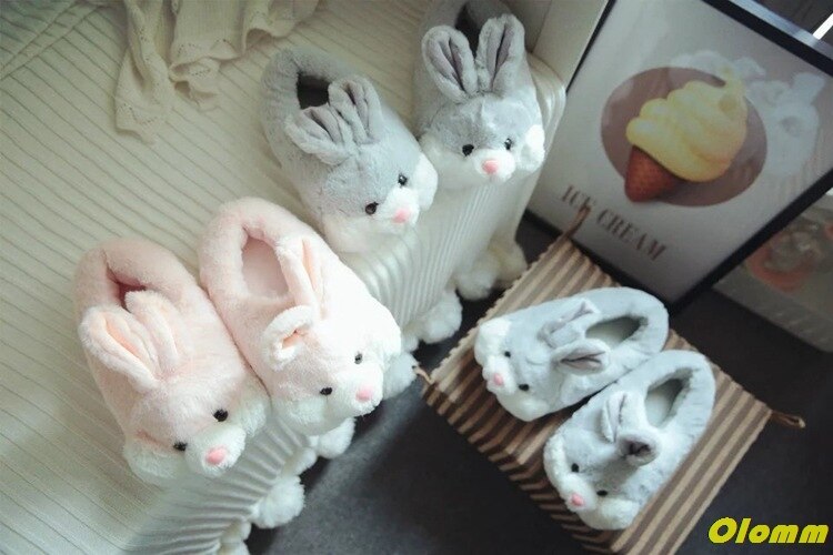 Women Cute Animal slippers Girls Rabbit Home shoes Big size 42 Non slip Flat with Winter slipper Short Plush TPR Sole