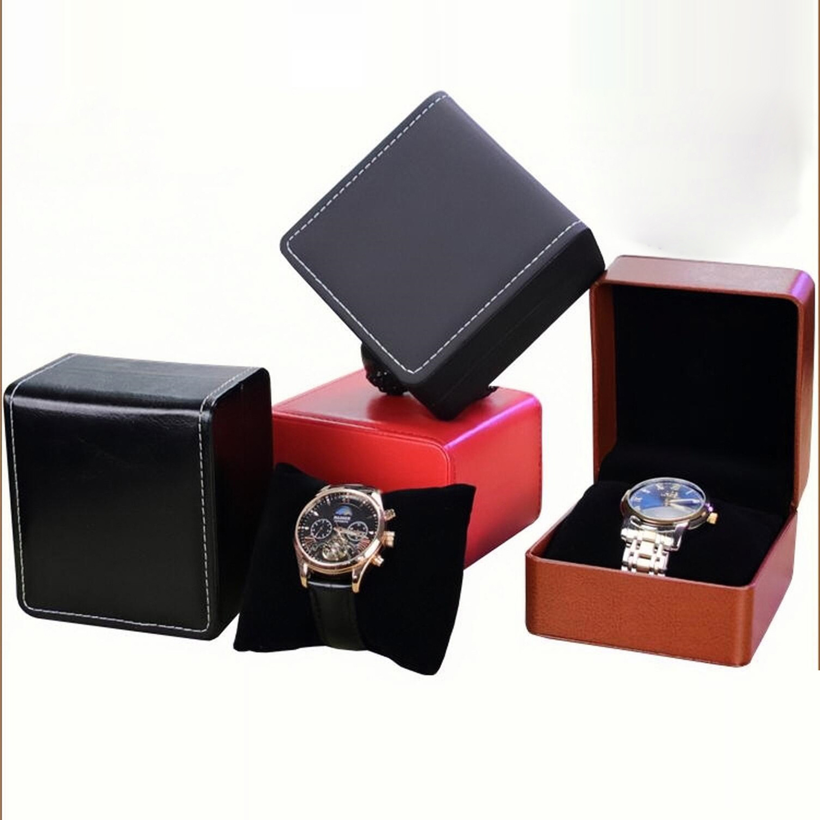 Caja de para reloj individual con almohada, organizador de vitrina de reloj de pulsera de cuero PU para hombres