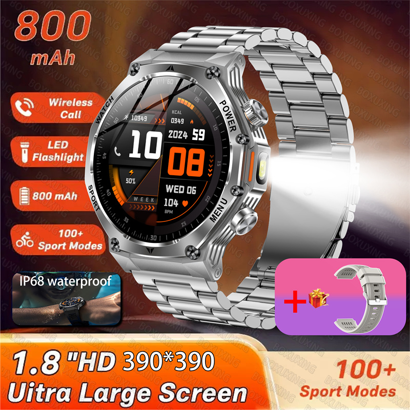 2025 Nuovo Smart Watch Uomo Torcia a LED 1.8 pollici Sport all'aria aperta da uomo Fitness Tracker 800mah Batteria di grandi dimensioni BT Chiamate Smartwatch: Argento