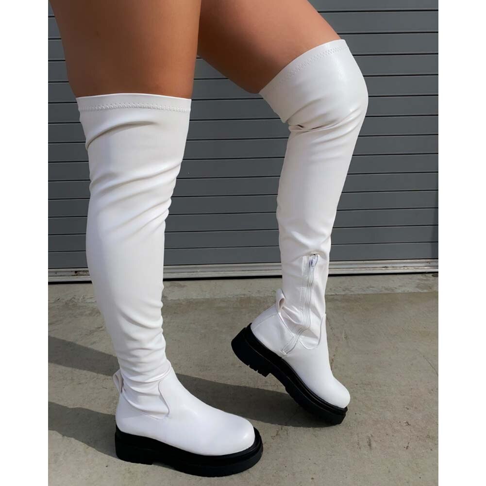 directe en de chaussures élégantes femmes gothique cuissardes à la fermeture éclair Stretch femme: WHITE / 5