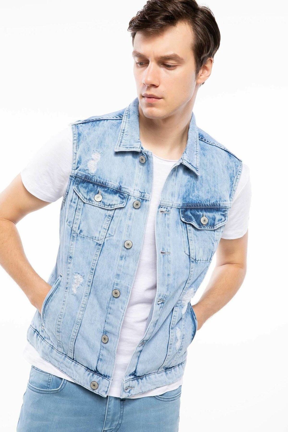 DeFacto hommes revers bleu Jean gilet veste mâle Denim Simple mince loisirs poches manteaux hommes Autumn-J0698AZ18AU: XL