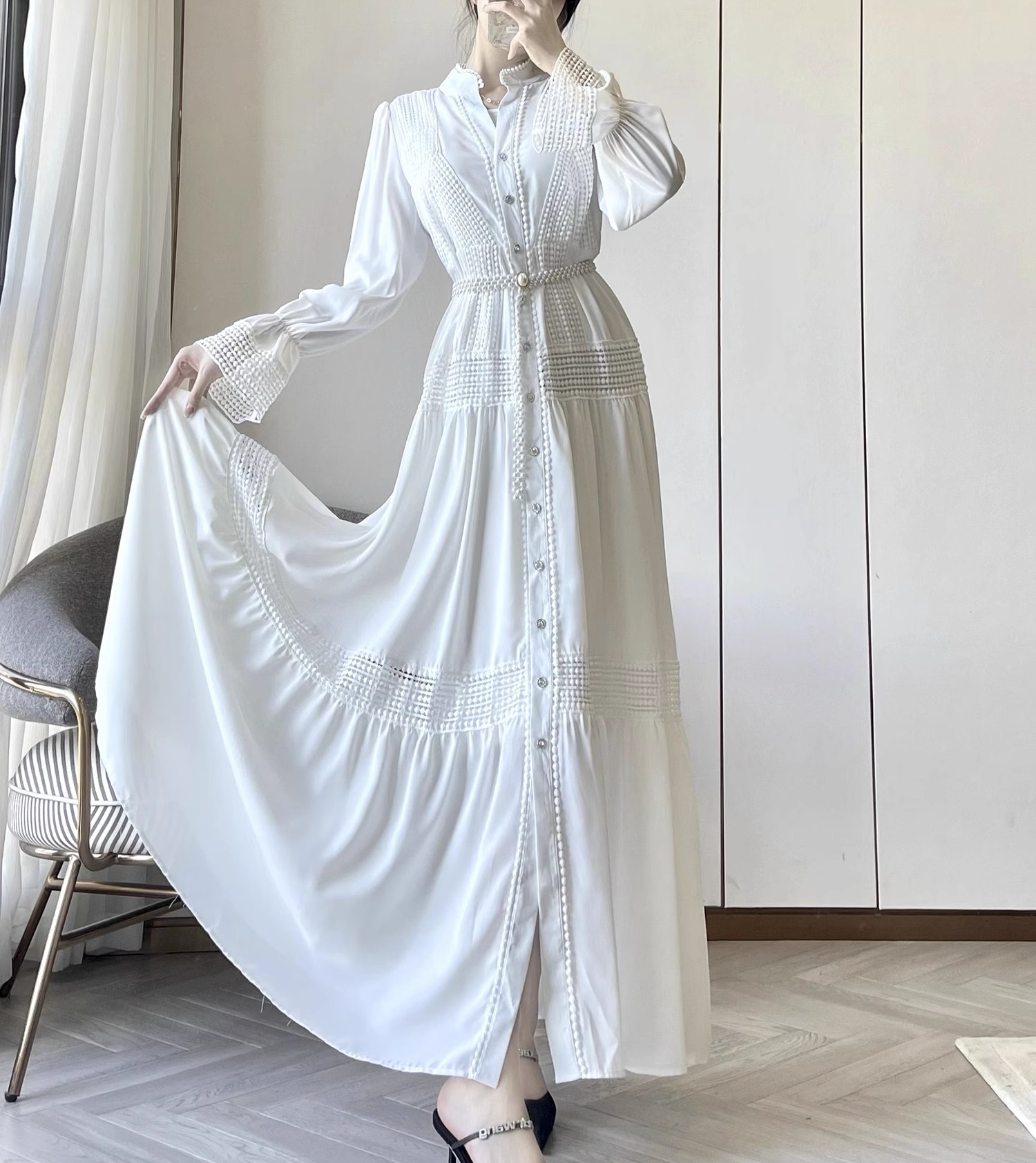 Vintage lös vit klänning bodycon enkelknäppt damkläder catwalk maxi vestidos