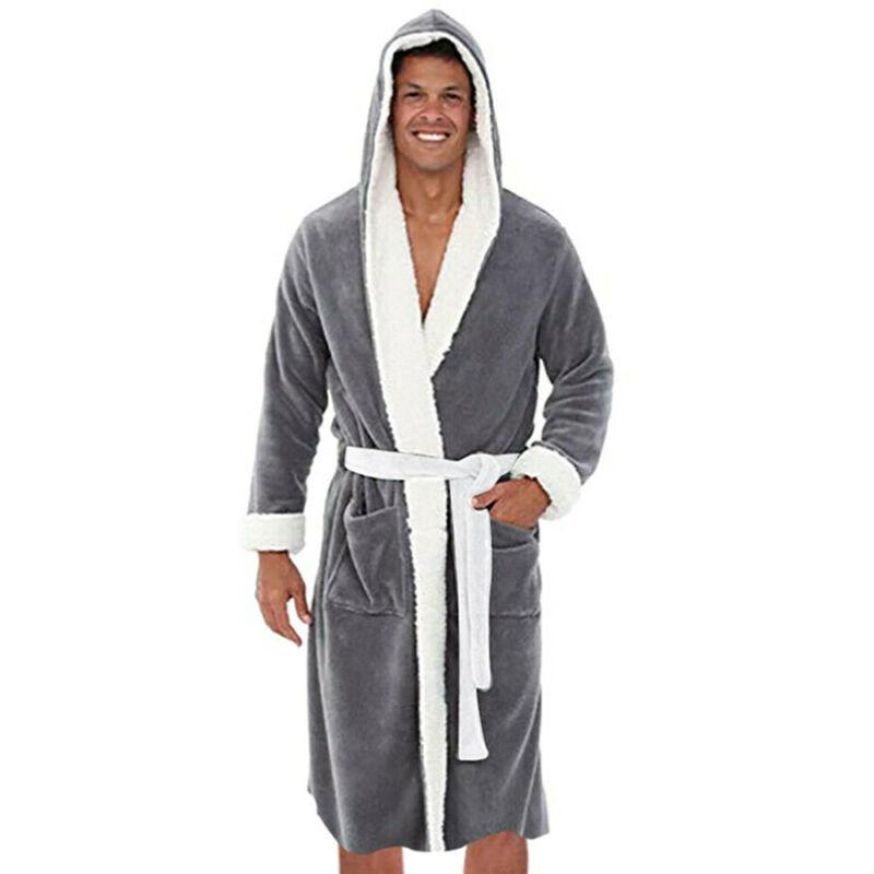 5XL Men Long Robe Night Male Long Sleeve Hooded Bathrobe Towel Soft Lined Lounge Wear Luxury Bath Robe Men: Grey White / XXL