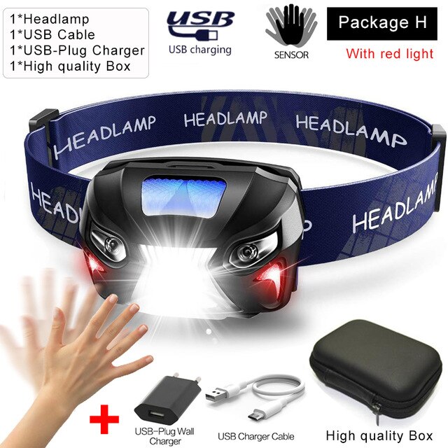 LED Scheinwerfer Motion Sensor Scheinwerfer USB Aufladbare Wasserdichte Scheinwerfer Scheinwerfer Camping Kopf Vorder Licht mit Batterie: package H