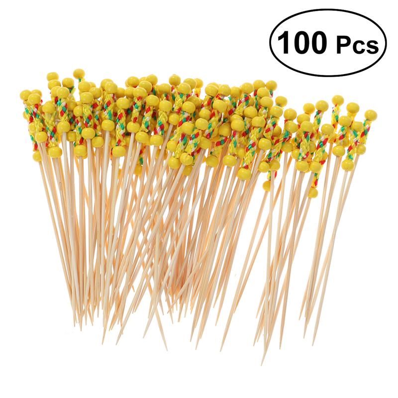 Food Picks Cocktail Fruit Appetizer Drink Picks Sticks Disposable Wood Toothpicks Party Supplies (About 100pcs, Double Red Beads: Yellow