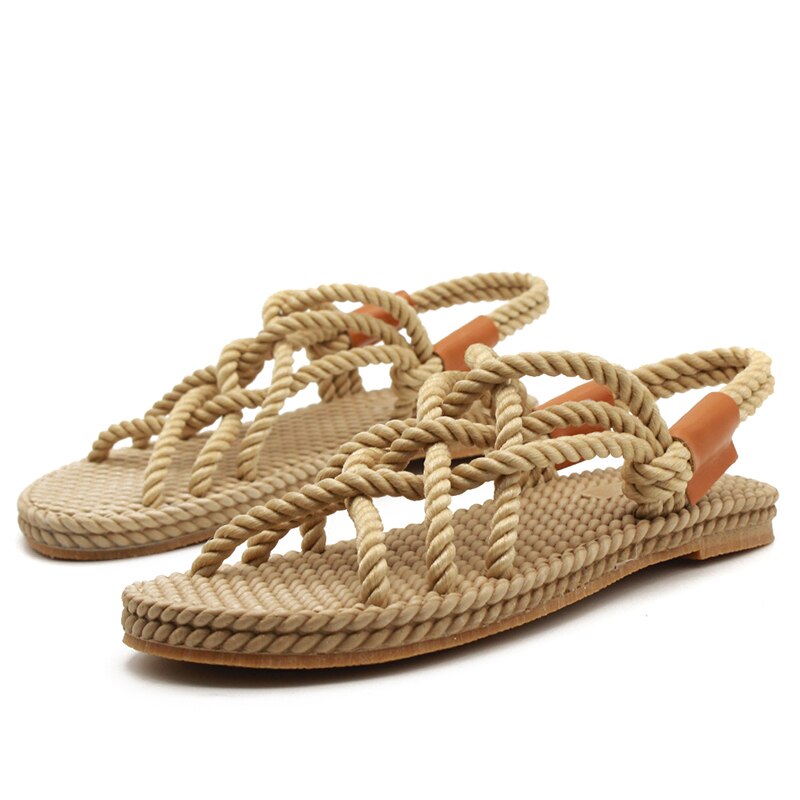 Woven Roman Summer Women Sandals Outdoor Ladies Shoes Flat Beach Slippers Seaside Shoes: apricot / 9