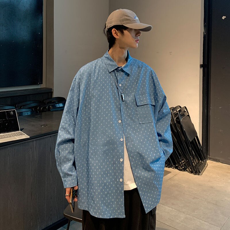 Lente Zomer Gedrukt Denim Shirt Mannen Koreaanse Mode Losse Casual Shirt Mannen Harajuku Streetwear Bloem Lange Mouwen mannen: Blue / L