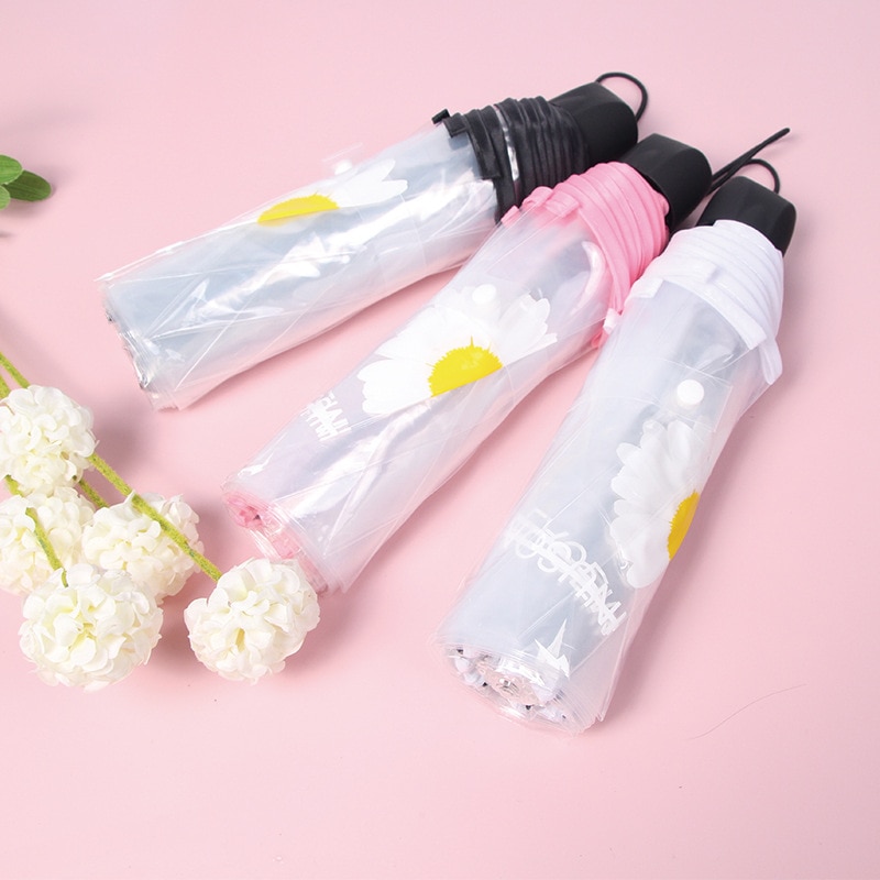 Koreaanse Kleine Daisy Transparante Paraplu Drie Vouwen Eenvoudige Trend Vrouwen Japanse Kleine Verse Student Winddicht Sterke Paraplu