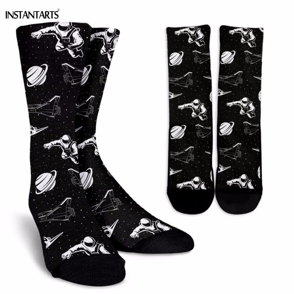 INSTANTARTS Women Men Breathable Sports Socks Space Astronauts Print Black Gym Socks Cycling Hiking Athletic Socks Adult Summer