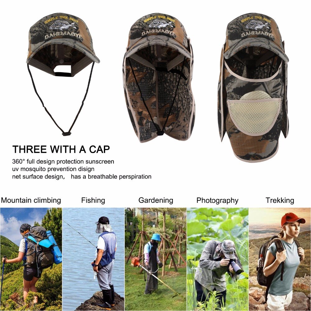 Chapéus de pesca com camuflagem ventilada, chapéus para pesca, com aba larga e proteção uv