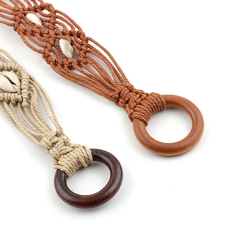 Shell Waist Rope Hand-knitted Knotted Belt Vintage Wooden Ring Buckle Decorative Dress Waistband Camel Beige