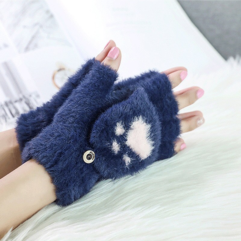 Winter Warme Zachte Konijnenbont Knit Mittens Vrouwen Flip Half Vinger Pluche Dikke Leuke Cartoon Kat Klauw Touchscreen Rijden handschoenen I1: A Cyan