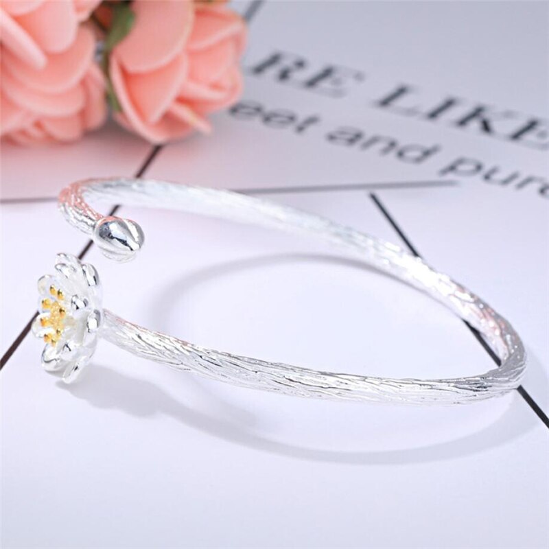 Sole Memory Lotus Cute Fresh Sweet Art 925 Sterling Silver Female Resizable Bangles SBR164