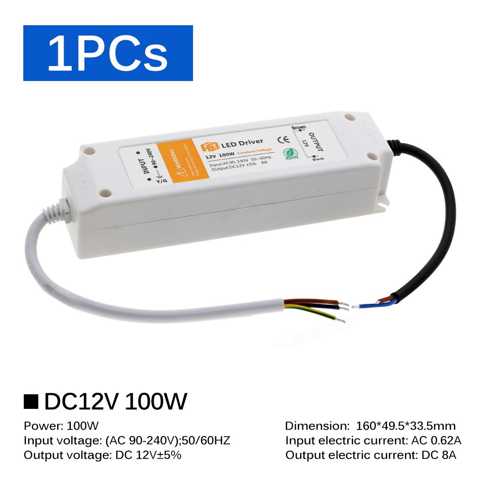Dc 12v led driver 18w 36w 72w 100w lys transformatorer led driver til led strip lys 12v strømforsyning adapter: 100w - 1 stk
