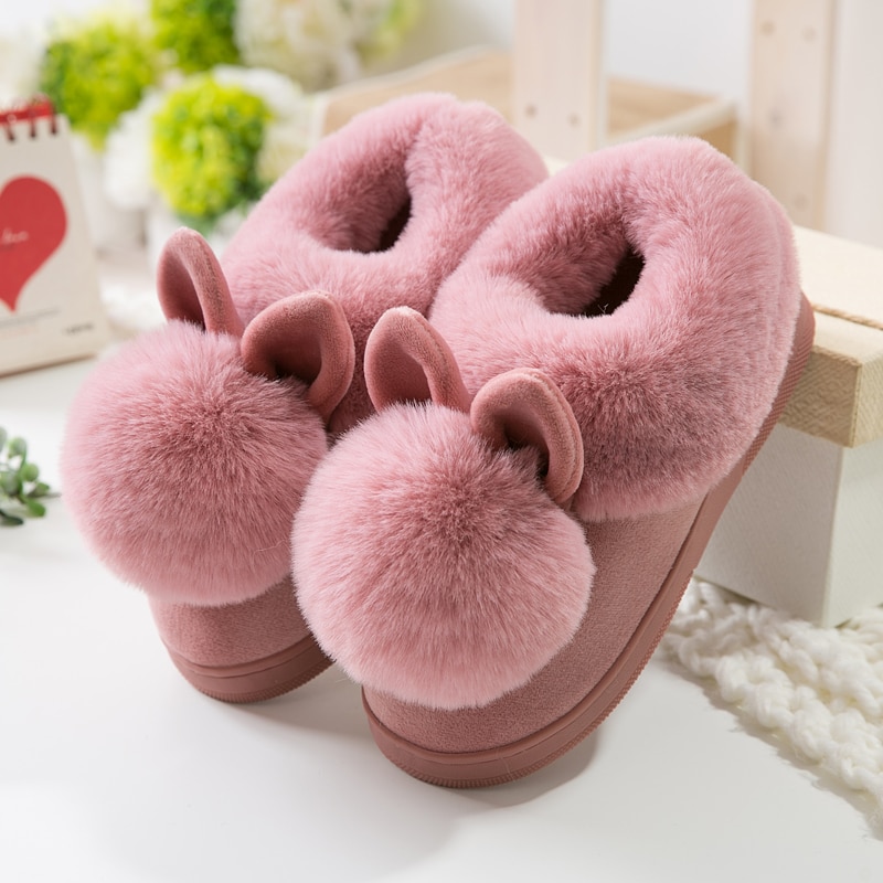 Herfst Winter Katoen Slippers Bont Konijn Thuis Warme Dikke Bodem Indoor Katoen Schoenen Kat Slippers Dames Slippers Schattige Pluizige