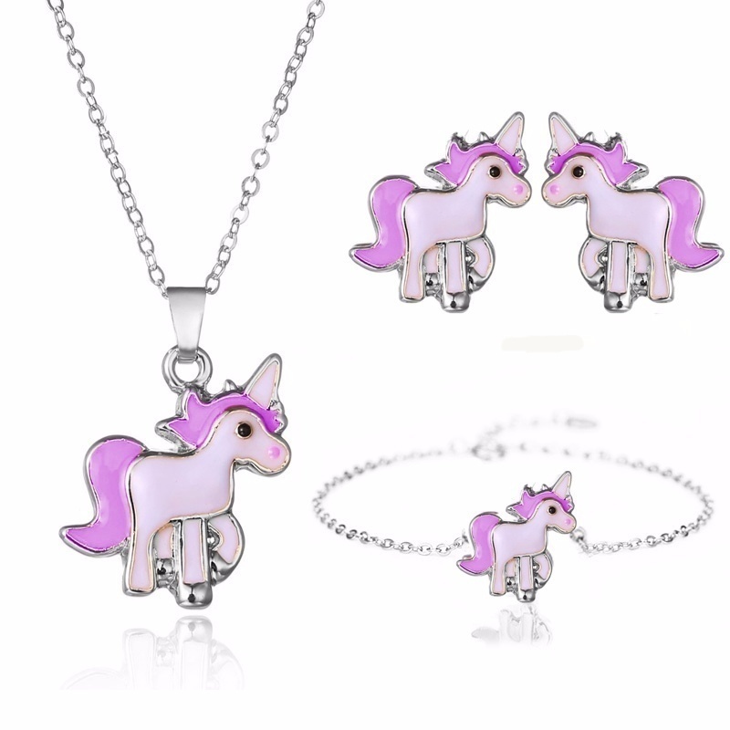 4 teile/satz Halskette Ohrringe Karikatur Einhorn Halskette Ohrring Schmuck Rosa Mädchen Schmuck Schmuck Ohrring und Halskette einstellen: 5